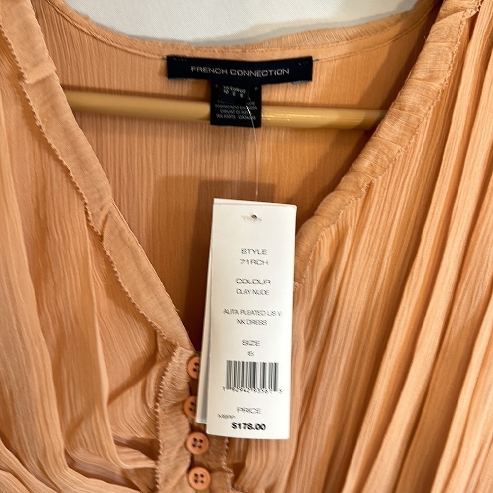 French Connection Akita Pleated Ruffled Long Sleeve Puff MIDI Dress Size 6 Pink - Picture 6 of 16